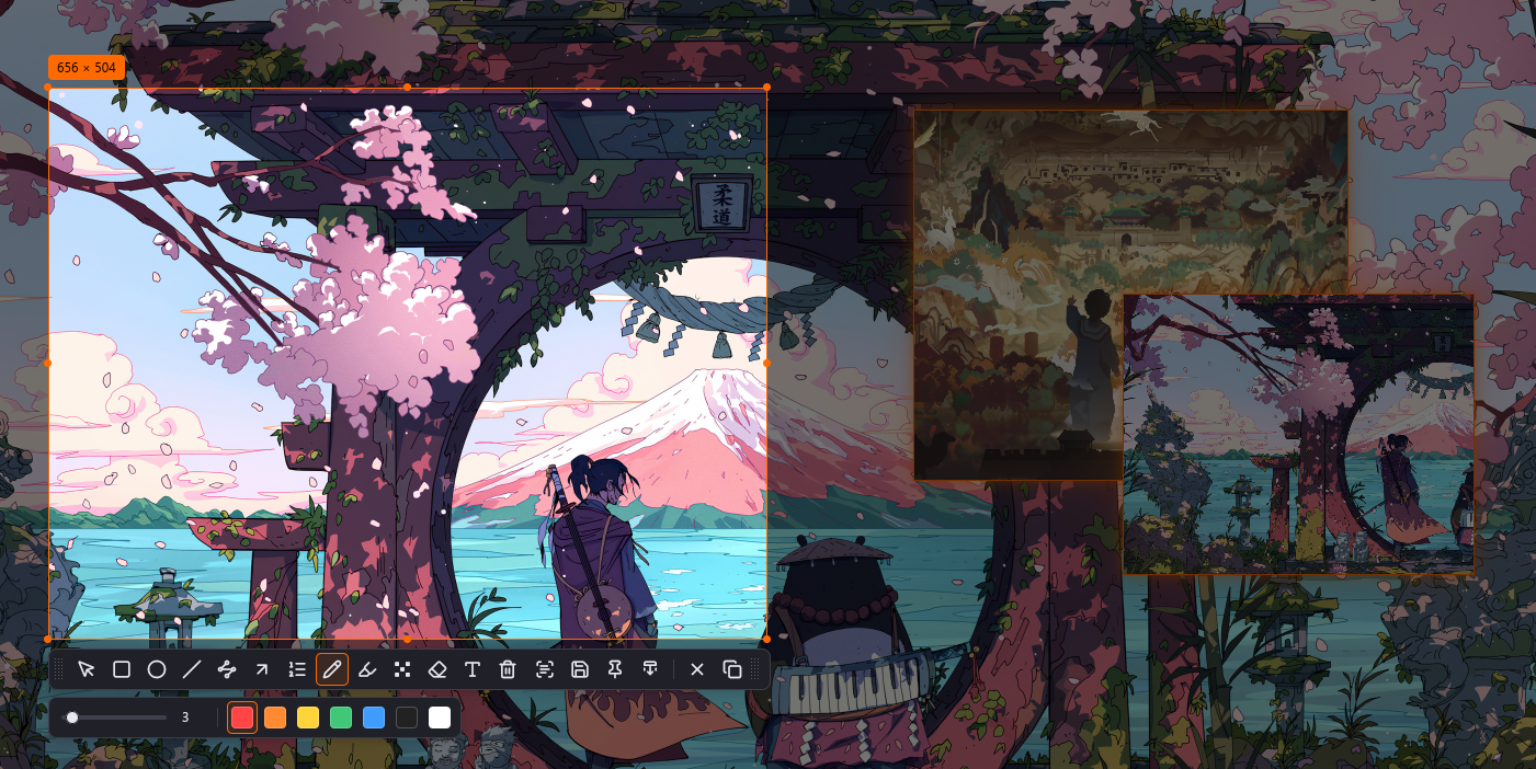 Shotori — region selection with two pins floating over the desktop